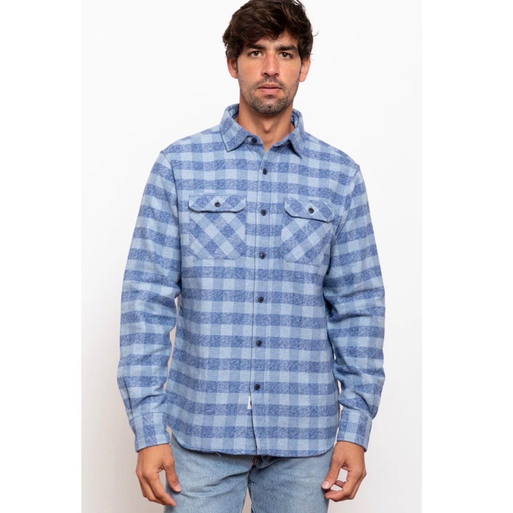 MuskOx Flannel Shirt Mens Medium Blue Buffalo Check Cotton Made in Portugal L68‎